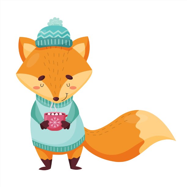 一只可爱的狐狸穿着毛衣，戴着一顶帽子，拿着一个杯子图片下载