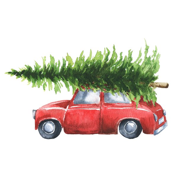 手绘水彩红色古董车与圣诞树隔离在白色的背景。假日季节插图。图片下载