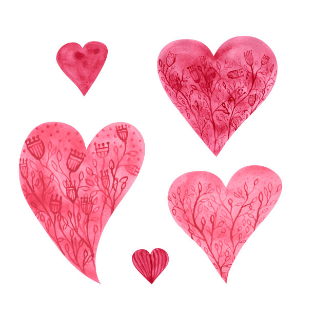 水彩5花心孤立在白色的背景。手绘的粉色心形鲜花为您的设计。情人节贺卡的剪贴画。图片下载