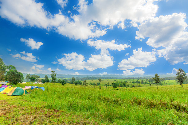 一个帐篷在森林的草地上，有美丽的天空图片下载