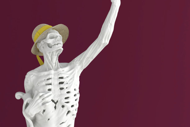 女性骨骼自拍位置，紫色背景，时尚概念，昂贵的品牌名称和万圣节，创意的最小创意3d插图与文本复制空间。图片下载