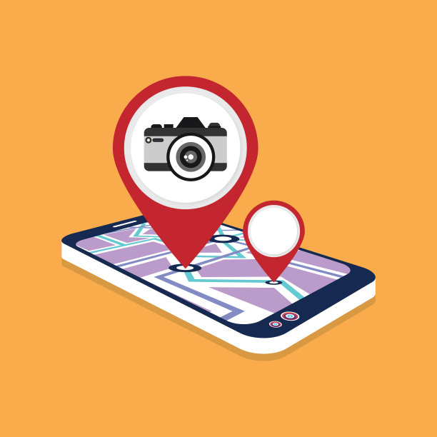 相机吸引符号与导航位置地图引脚图标图片下载