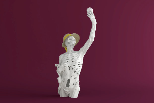 女性骨骼自拍位置，紫色背景，时尚概念，昂贵的品牌名称和万圣节，创意的最小创意3d插图与文本复制空间。图片下载