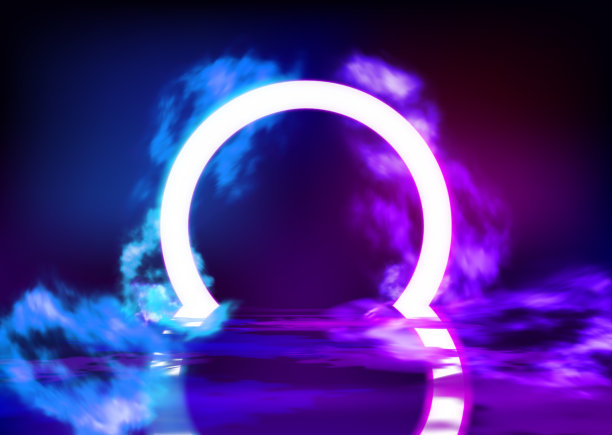 图案背景上的霓虹色几何圆。圆形神秘入口，霓虹灯。蓝色和粉色的霓虹灯反射在地板上。黑暗中的光线，烟雾。向量。图片下载