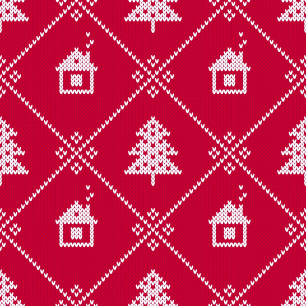 红色和白色的圣诞毛衣钻石图案圣诞树和冬季小屋。图片下载