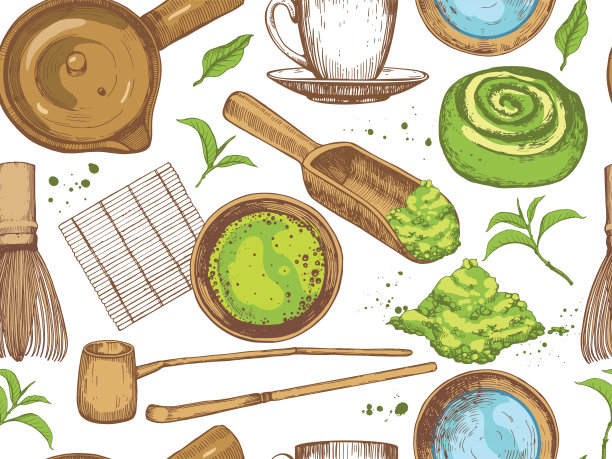 抹茶无缝模式。日本民族和民族茶道。传统的喝茶时间。设计中的装饰元素。矢量插图食物和饮料素描在白色的背景。图片下载
