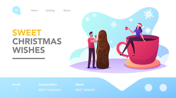 圣诞款待和饮料登陆页面模板。小男性和女性角色吃巨大的巧克力圣诞老人图片下载