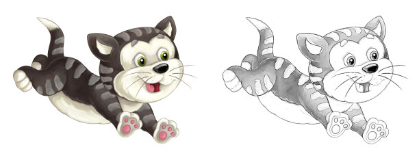 卡通素描场景与猫是跳跃和看-艺术风格-插图图片下载