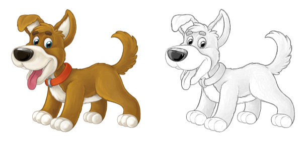 卡通素描场景狗是跳跃和看-艺术风格-插图图片下载