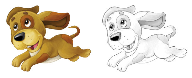 卡通素描场景狗是跳跃和看-艺术风格-插图图片下载