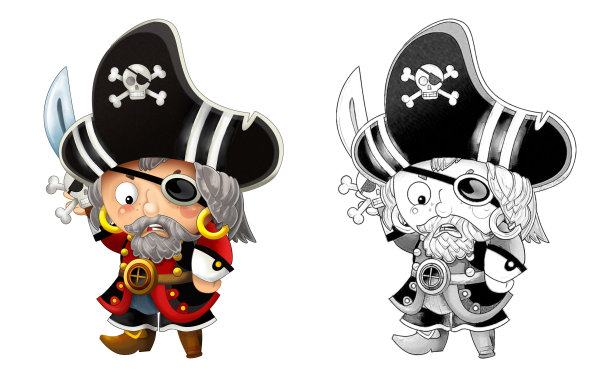 白色背景上的海盗船长卡通草图场景插画图片下载