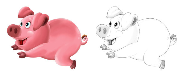 卡通场景与欢快的农场牧场猪与素描插图图片下载