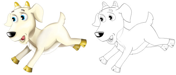 卡通快乐农场动物欢快农场牧场山羊与素描插图图片下载