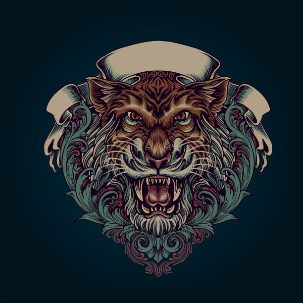 虎头饰品与旗帜插图为您的工作吉祥物商品服装线，贴纸和海报，贺卡广告公司或品牌图片下载