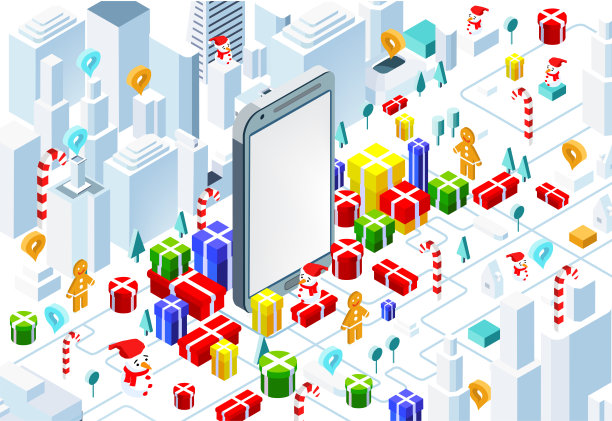 手机在城市广场的等距图和周围的礼物。圣诞快乐，新年快乐图片下载