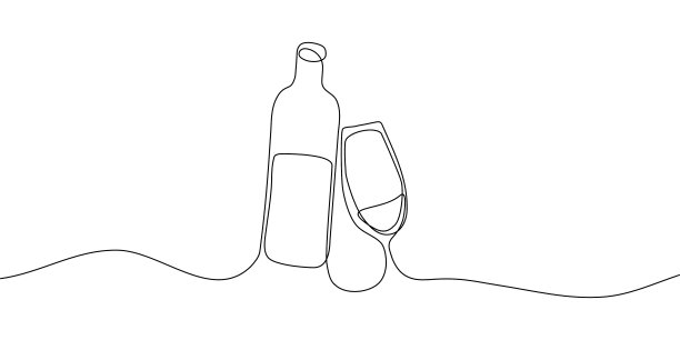 连续的线条画。一瓶和几杯葡萄酒。图片下载