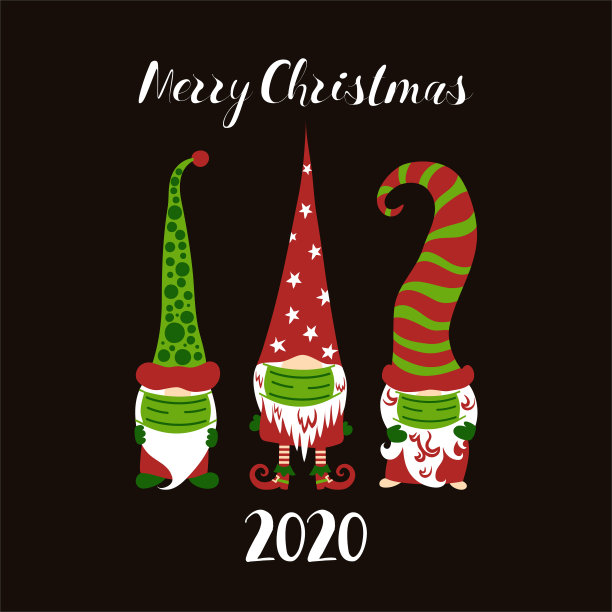 2020年圣诞贺卡上有三个可爱的北欧侏儒戴着医用面具图片下载