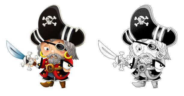 白色背景上的海盗船长卡通草图场景插画图片下载