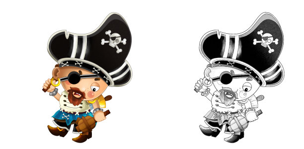 白色背景上的海盗船长卡通草图场景插画图片下载