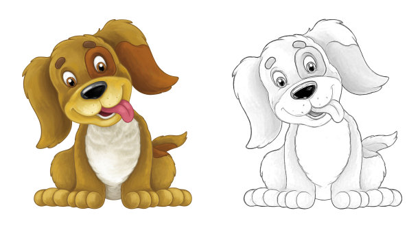 卡通素描场景狗是跳跃和看-艺术风格-插图图片下载