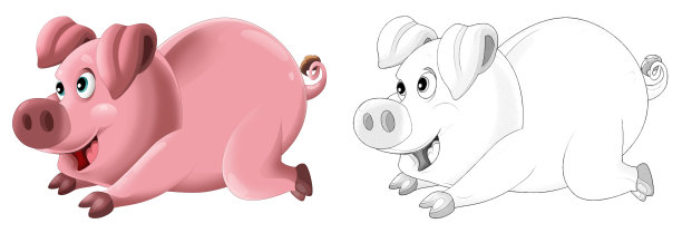 卡通场景与欢快的农场牧场猪与素描插图图片下载