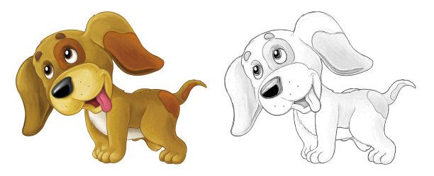 卡通素描场景狗是跳跃和看-艺术风格-插图图片下载