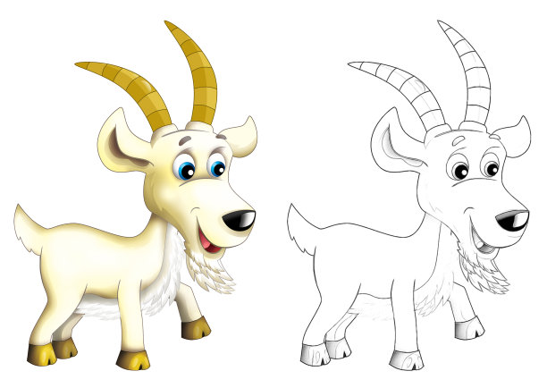 卡通快乐农场动物欢快农场牧场山羊与素描插图图片下载
