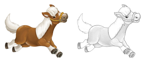 卡通小品场景，马站着笑着看-艺术风格-插图图片下载