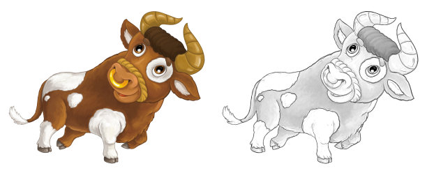 卡通素描场景农场动物-欢快的公牛在微笑和看着-艺术风格-插图图片下载