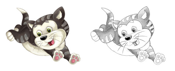 卡通素描场景与猫是跳跃和看-艺术风格-插图图片下载