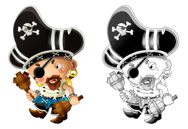 白色背景上的海盗船长卡通草图场景插画图片下载