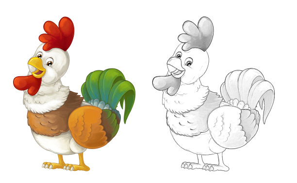 以农场动物为背景的卡通小品场景-笑嘻笑的公鸡站着看着-艺术风格-插画图片下载