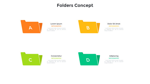 四个彩色的文件夹。业务数据存储的概念，文件组织，组织和管理信息在档案。简单的信息图表设计模板。现代平面矢量插图。图片下载