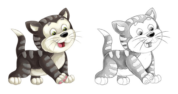 卡通素描场景与猫是跳跃和看-艺术风格-插图图片下载