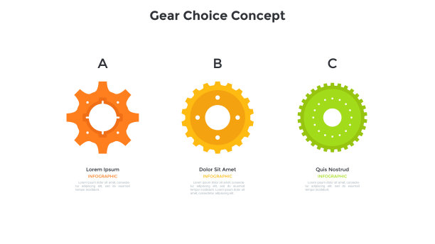 三个彩色齿轮横排排列。工业生产、制造三个阶段的概念。最小信息图设计模板。现代平面矢量插图的展示。图片下载