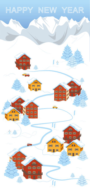 圣诞贺卡。雪山聚落，滑雪胜地。明亮的房子，红色和黄色，在它们之间是一条蜿蜒的道路和汽车。图片下载