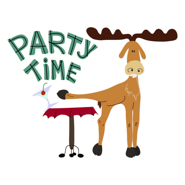 晚会时间平彩色手绘字母。卡通派对邀请卡与桌子和鹿推杯马提尼与它的爪子。庆祝生日，周年庆，Сhristmas。矢量图图片下载
