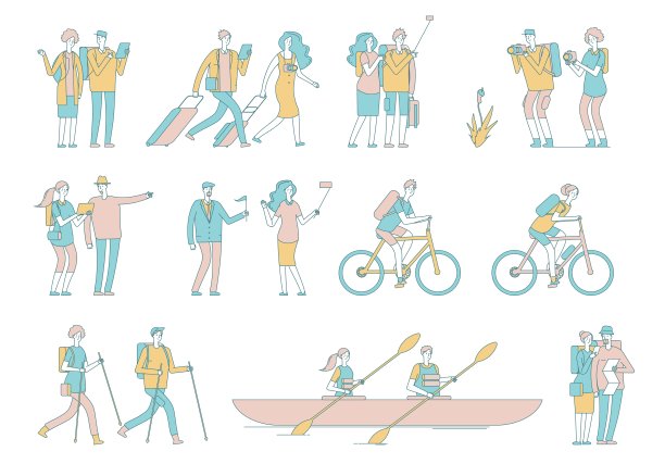 旅行的人。游客，女人，男人行李和包。徒步旅行、骑自行车和划皮划艇。夏季户外活动。假期和旅行字符向量集图片下载