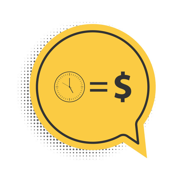 黑色时间是孤立在白色背景上的金钱图标。金钱是时间。有效的时间管理。将时间转化为金钱。黄色语音气泡符号。向量图片下载