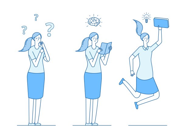 女孩在寻找问题的答案。阅读和学习，寻找想法和解决方案。自我教育，知识获取载体插图图片下载