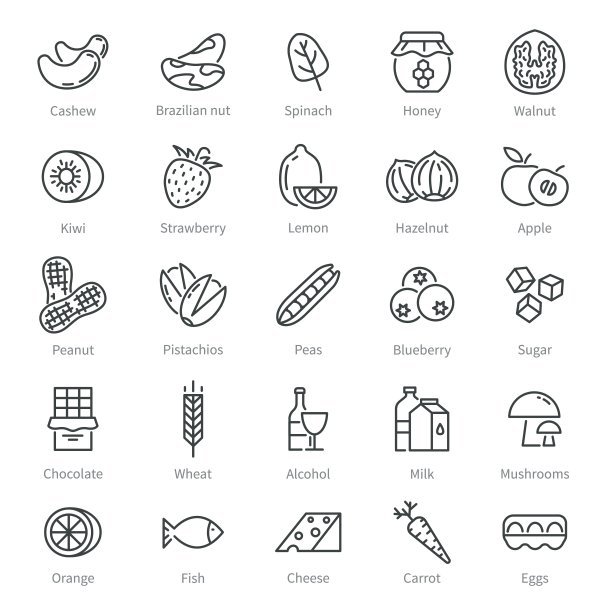 食品过敏原。简单的过敏原图标。酒精和种子坚果蜂蜜乳糜泻，不耐谷蛋白成分。健康标签矢量符号图片下载