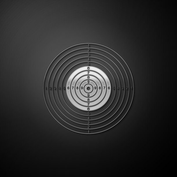 银色目标体育射击比赛图标孤立在黑色背景。干净的目标与数字射击场或手枪射击。长阴影风格。向量图片下载