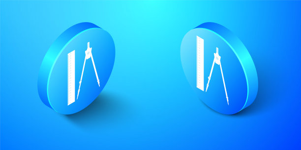 等距尺和绘图指南针图标隔离在蓝色背景上。制图专业仪器。几何设备。教育的迹象。蓝色圆圈按钮。向量图片下载