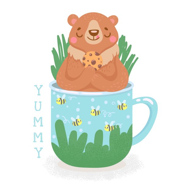 可爱的熊猫和杯子里的饼干和蜜蜂图片下载