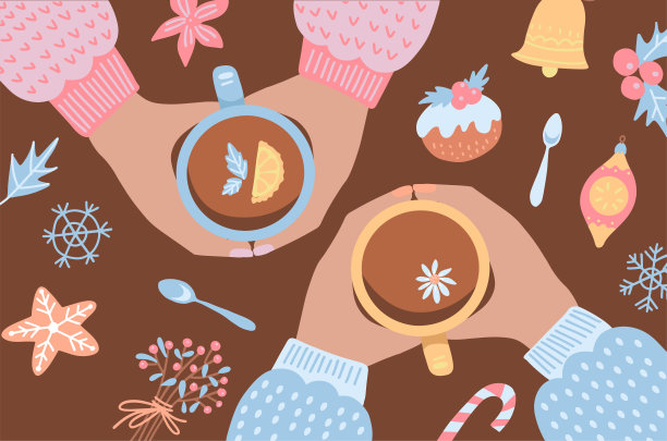 人们围坐在桌子旁庆祝圣诞节，喝着装饰饼干的茶。前视图。彩色卡通节日平面矢量插图。棕榈热杯与圣诞元素图片下载