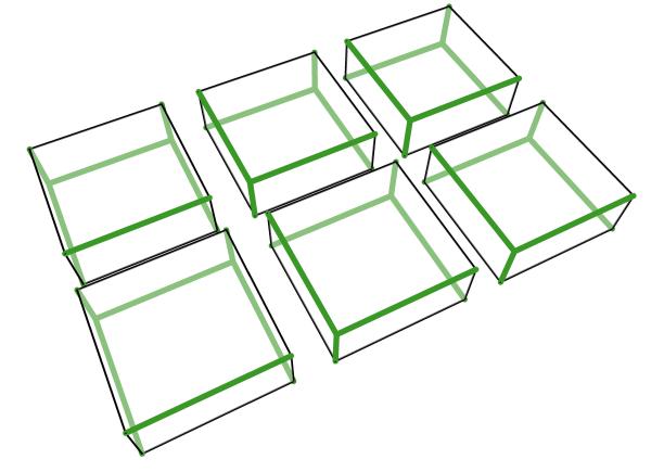 6个方形盒子的3d插图与黑色和绿色的线轮廓在透明模式。图片下载