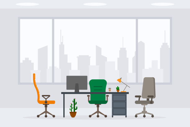 现代空办公室工作场所设计前视图矢量插图。平面风格的桌子，书桌，椅子，电脑，桌面，植物，灯，仙人掌孤立在城市景观背景图片下载