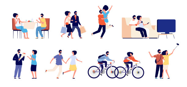 情侣周末休闲时光：快乐放松的相聚，烹饪、户外或居家休闲，亲吻和拥抱成年人矢量素材图片下载