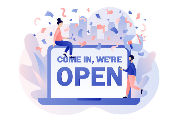 请进，我们正在打开-笔记本电脑屏幕上的大文本。隔离后我们又开始工作了重新开业的场所，咖啡馆，商店，商店，沙龙。现代平面卡通风格。矢量图图片下载