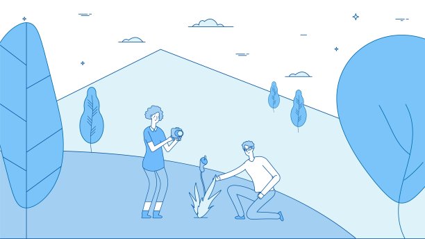 度假的本性。旅行情侣，女人拍照片。植物考察，生物学家工作。男人女人在森林或公园矢量插图图片下载